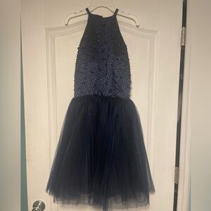 Anya Navy Blue High Neck Cut Out Back Beaded Top Tulle Skirt Short Formal Dress